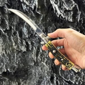 Nóż stiletto sprężynowy 9 Inch Faux Deer Bone Curved Blade Switchblade Stiletto Switchblade